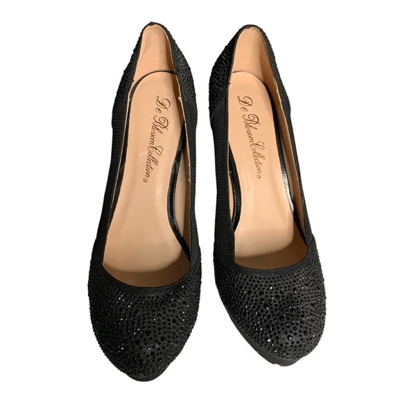 De Blossom Collection Jennifer Platform Heels 10 Black Rhinestones Stilettos - Picture 3 of 8
